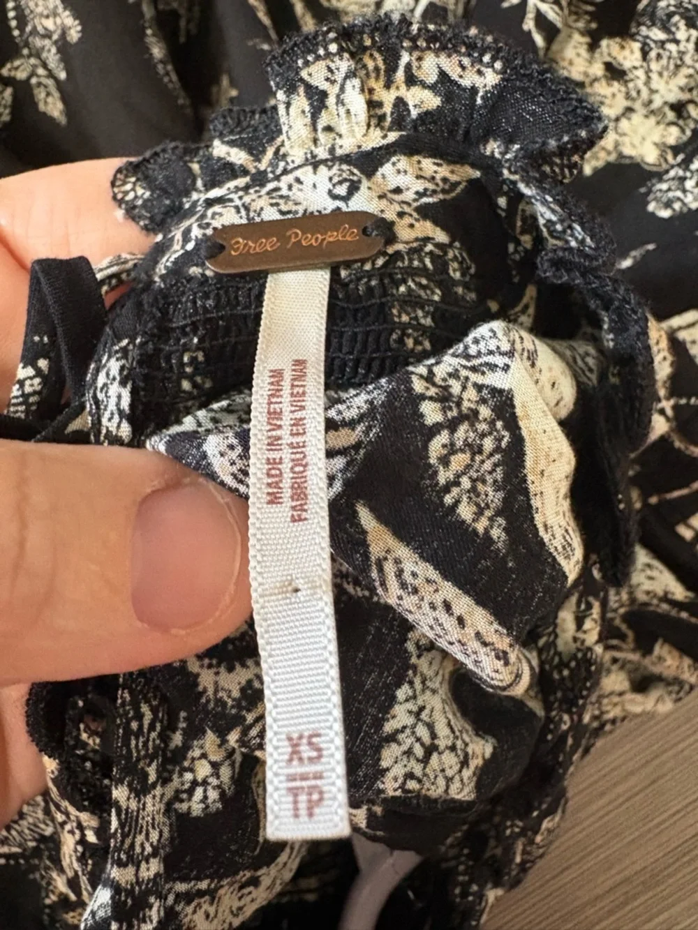 Free People Black Floral Smocked-Neck Peasant Blouse